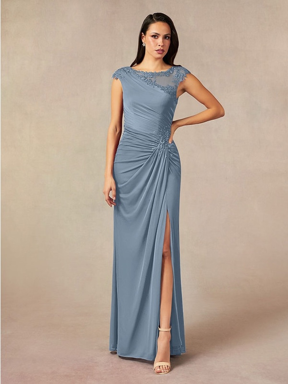 Azazie Oliniana Dusty Blue Bridesmaid Gown A8 Lace Illusion Mermaid Formal Dress